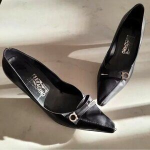 Salvatore Ferragamo Black Pointed Toe Leather Heels with Signature Hardware